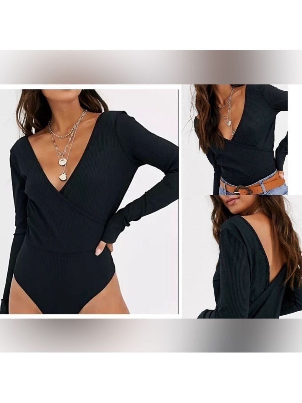 ASOS Wrap Bodysuit Ribbed in Black Long Sleeve Plunge Neck Size 8
